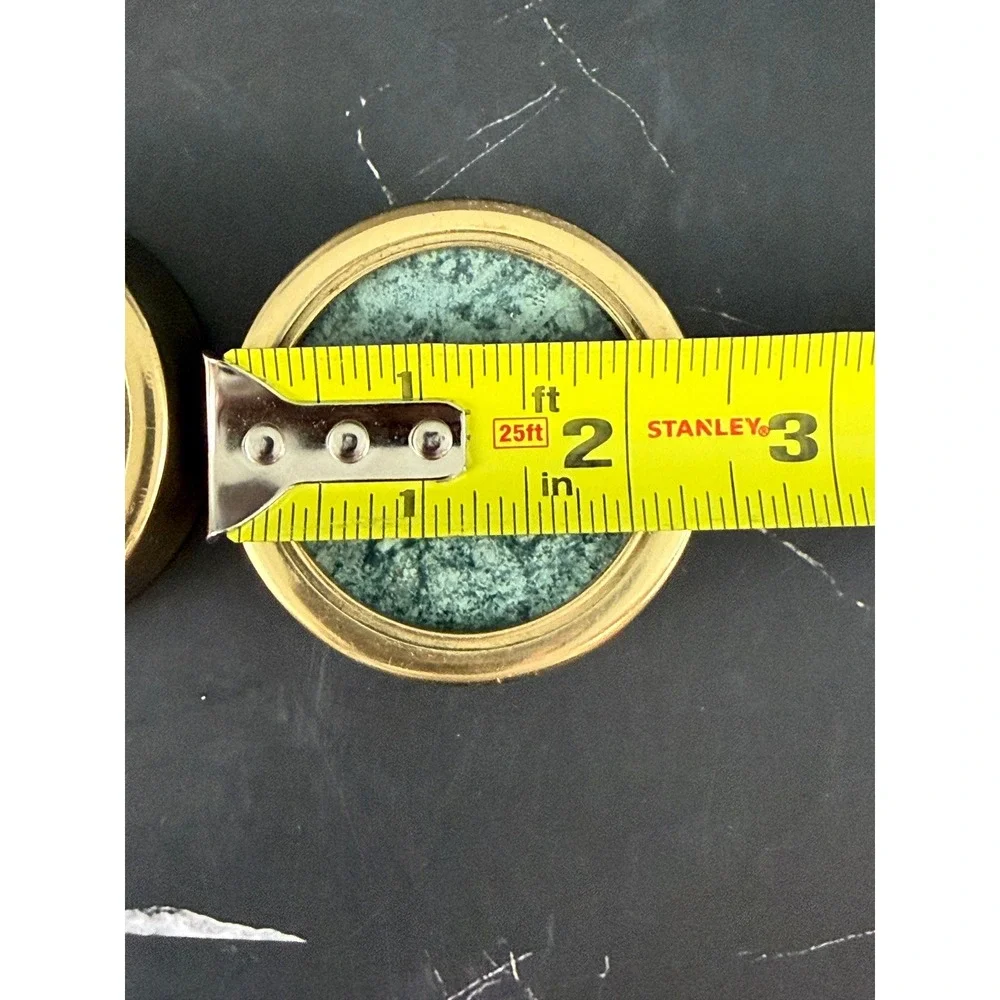 VTG PAIR (2) Round Brass and Green Stone Paperweights 2 1/2